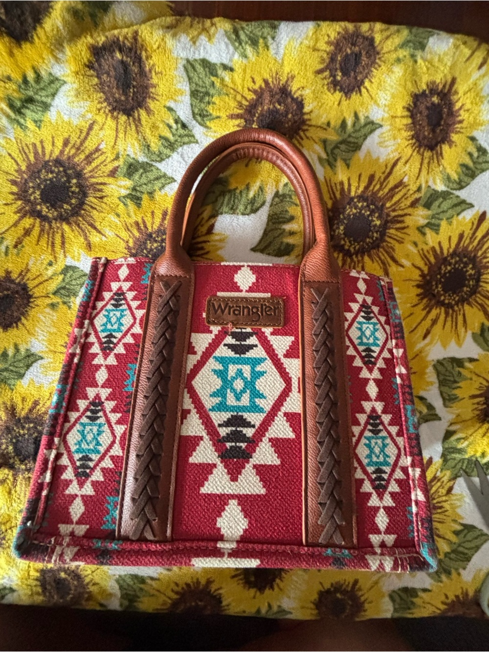 Wrangler Red Aztec Satchel with Brown Leather Trim and Turquoise Accents